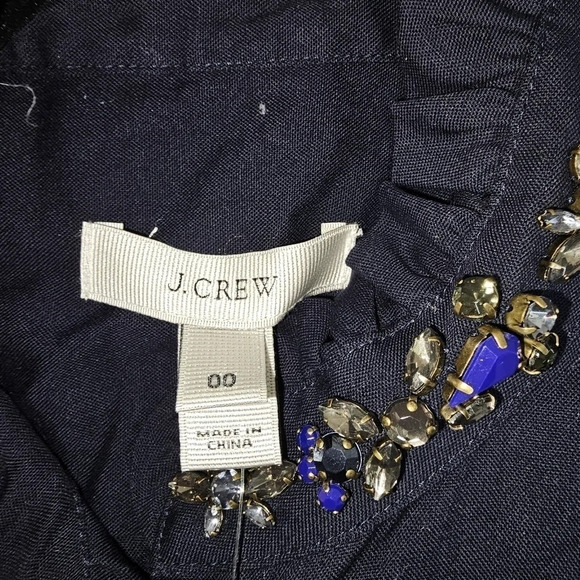J Crew Navy BlueRuffled Rhinestone Cotton Crystal Sleeveless Blouse Size 00 - Picture 10 of 11